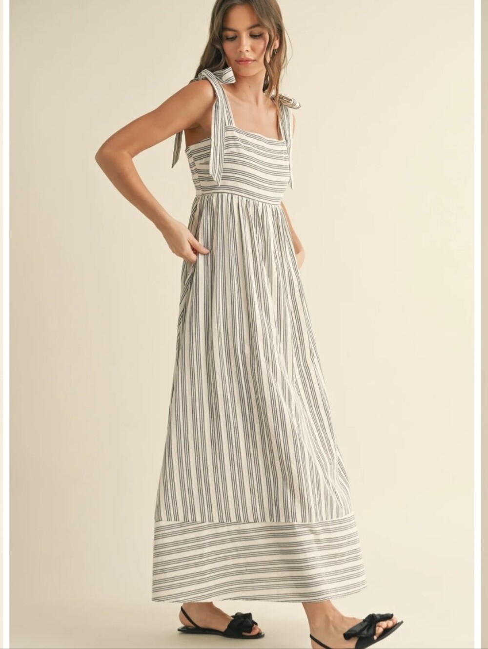 Striped Tie-Shoulder Maxi Dress in Soft Cream and Gray Sz.L NWT